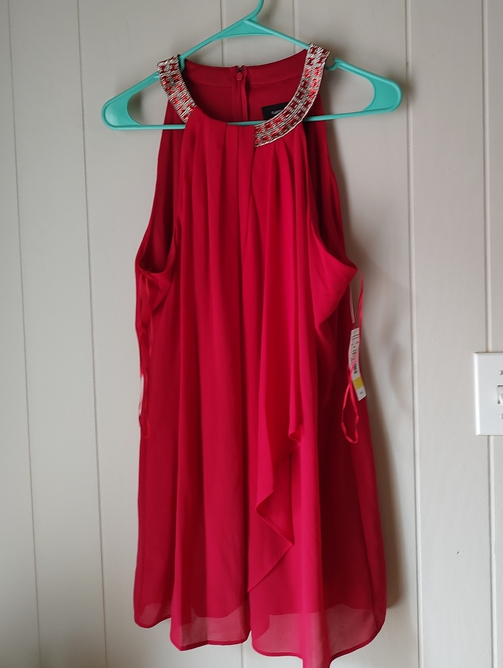 R&M Richards Scarlet Red Beaded Rhinsestone Halter Chiffon Blouse Medium